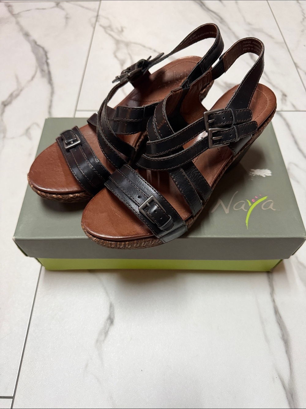 Naya Black Leather Strappy Wedge Sandals with Buckle Accents Women's Size 8 Wide